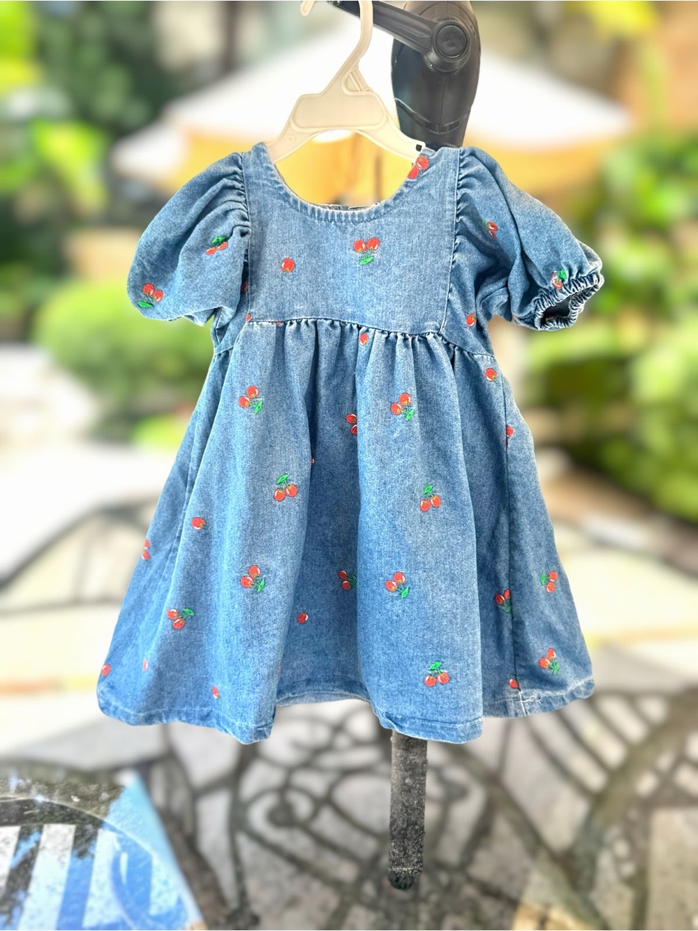 Rachel Zoe Denim Cherry Embroidered Puff-Sleeve Kids Dress